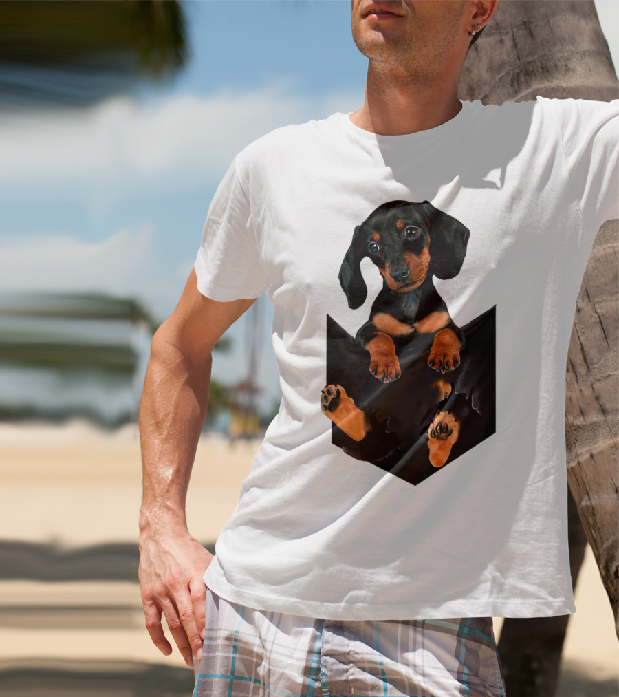 Doxie Dachshund Puppy Dog In Pocket T-Shirt
