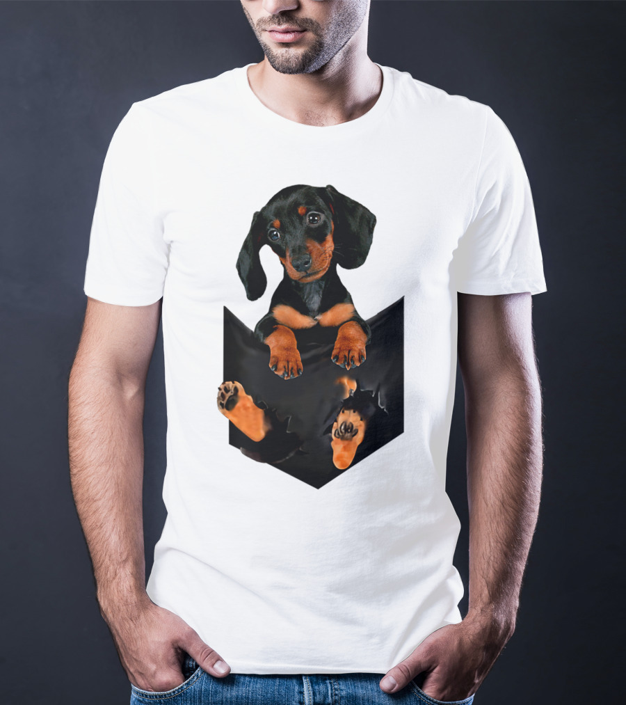 Doxie Dachshund Puppy Dog In Pocket T-Shirt