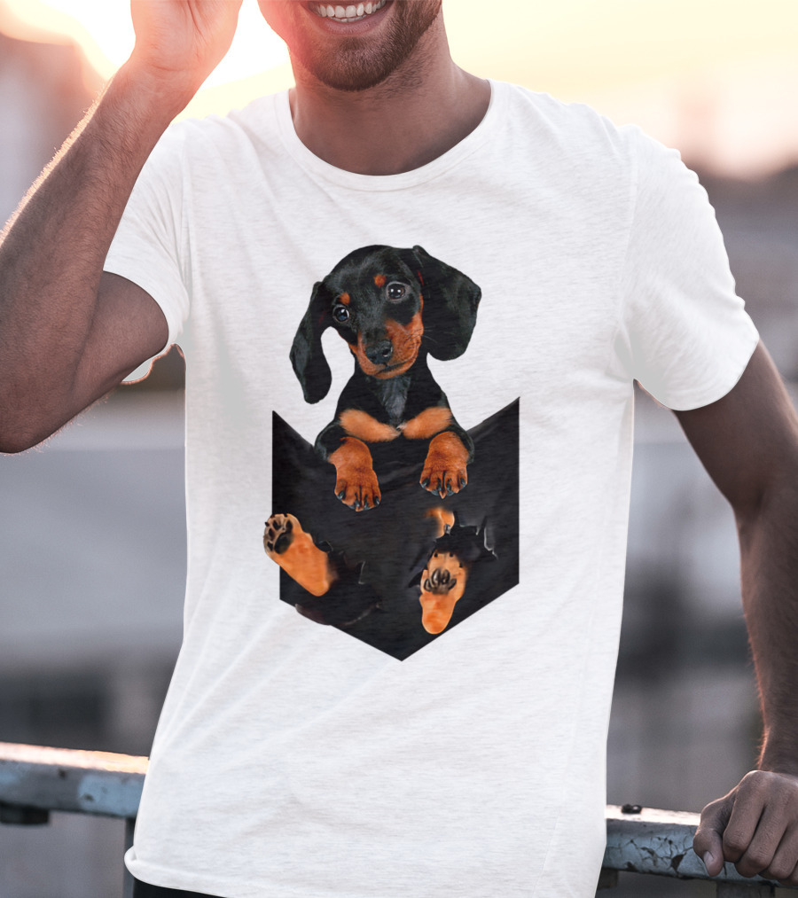 Doxie Dachshund Puppy Dog In Pocket T-Shirt