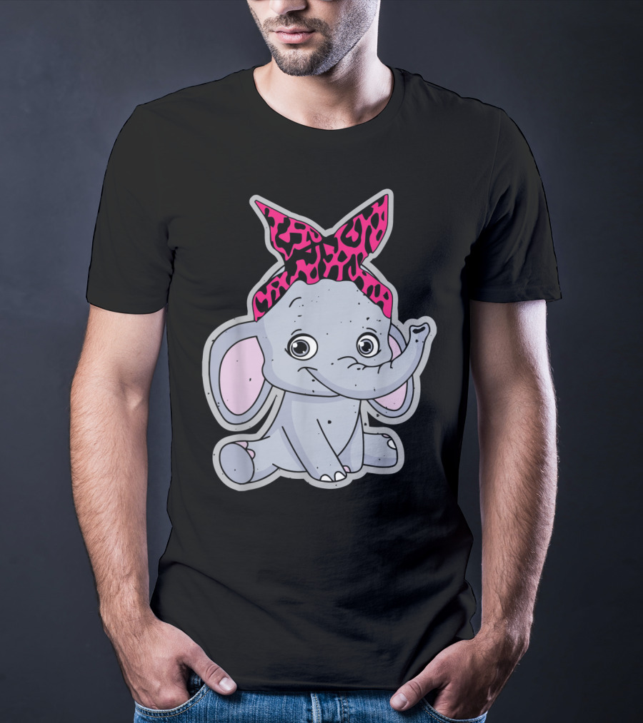 Elephants Cute Cartoon With Pink Leopard Bow T-Shirt