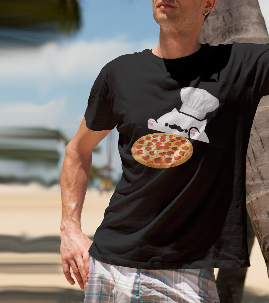 Bongo Cat Pizza Chef With Mustache And Pepperoni Pizza Humor T-Shirt