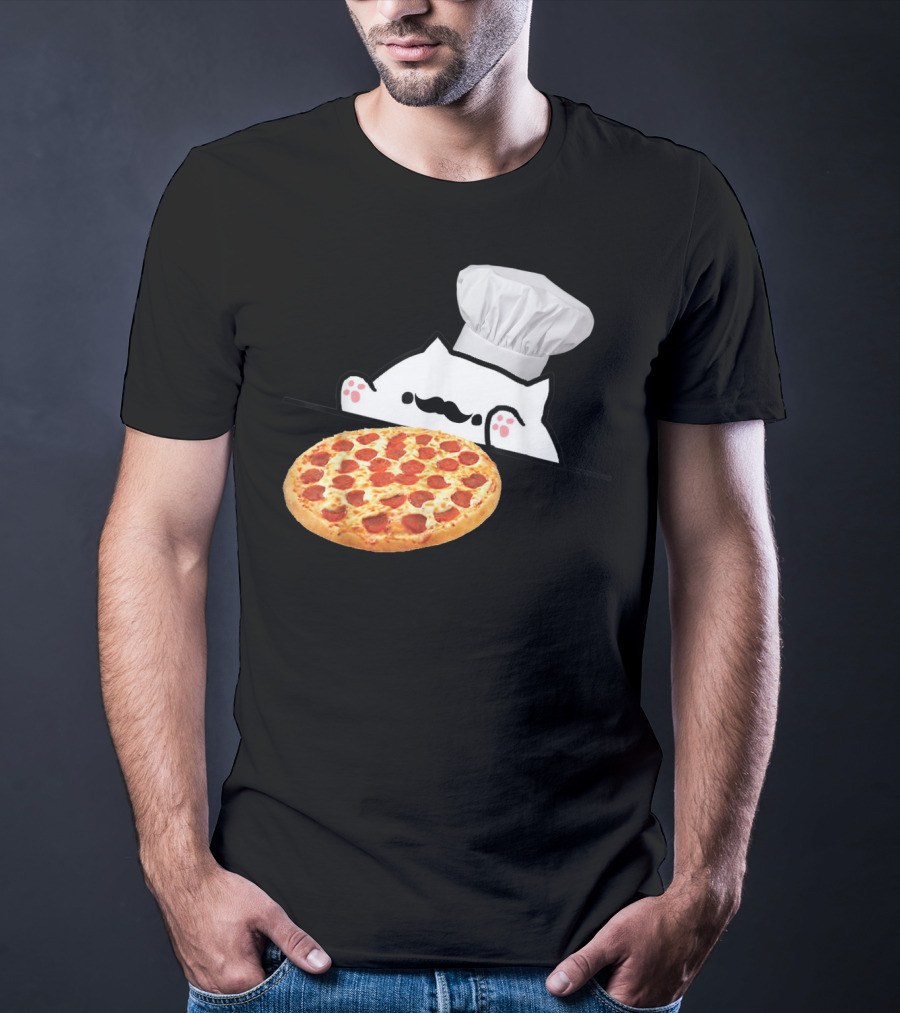 Bongo Cat Pizza Chef With Mustache And Pepperoni Pizza Humor T-Shirt