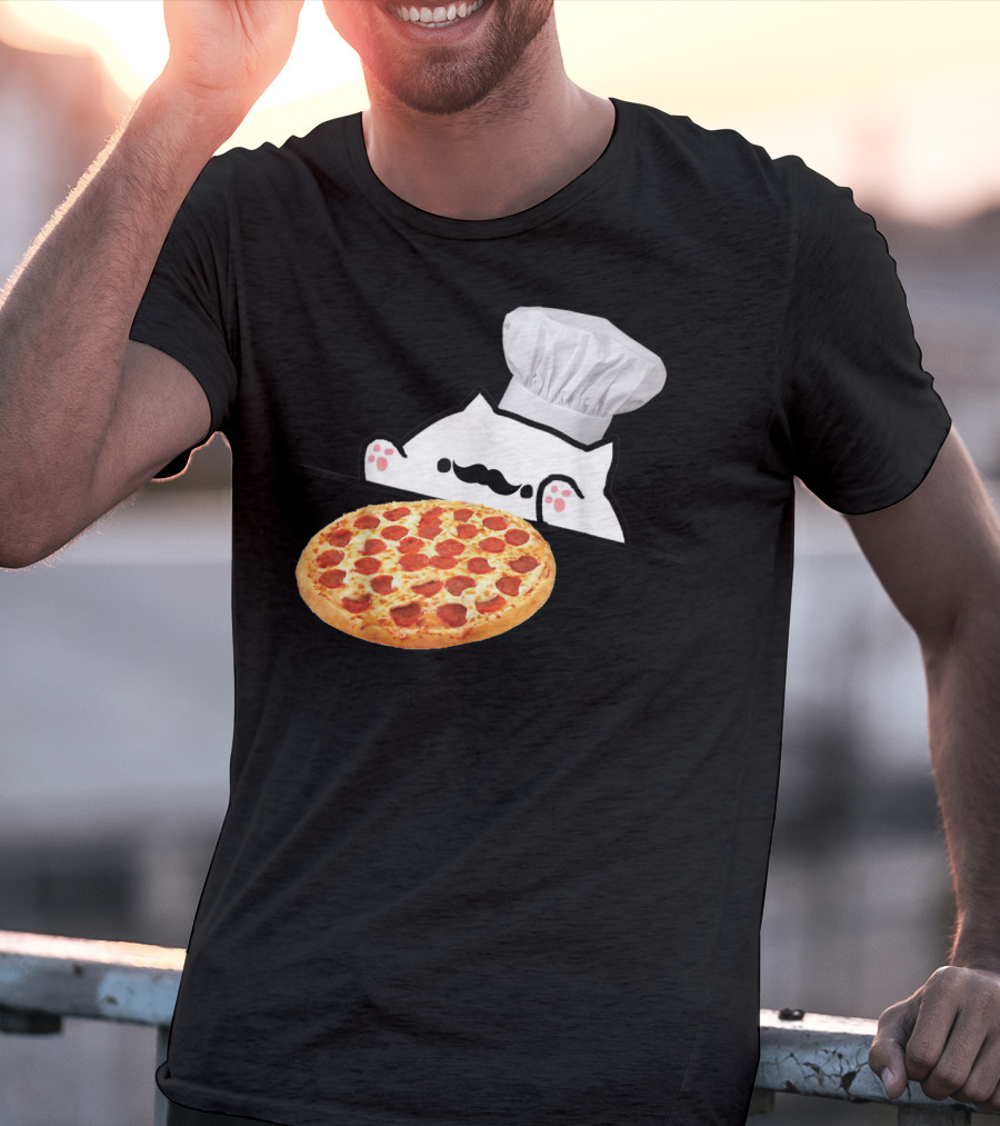 Bongo Cat Pizza Chef With Mustache And Pepperoni Pizza Humor T-Shirt