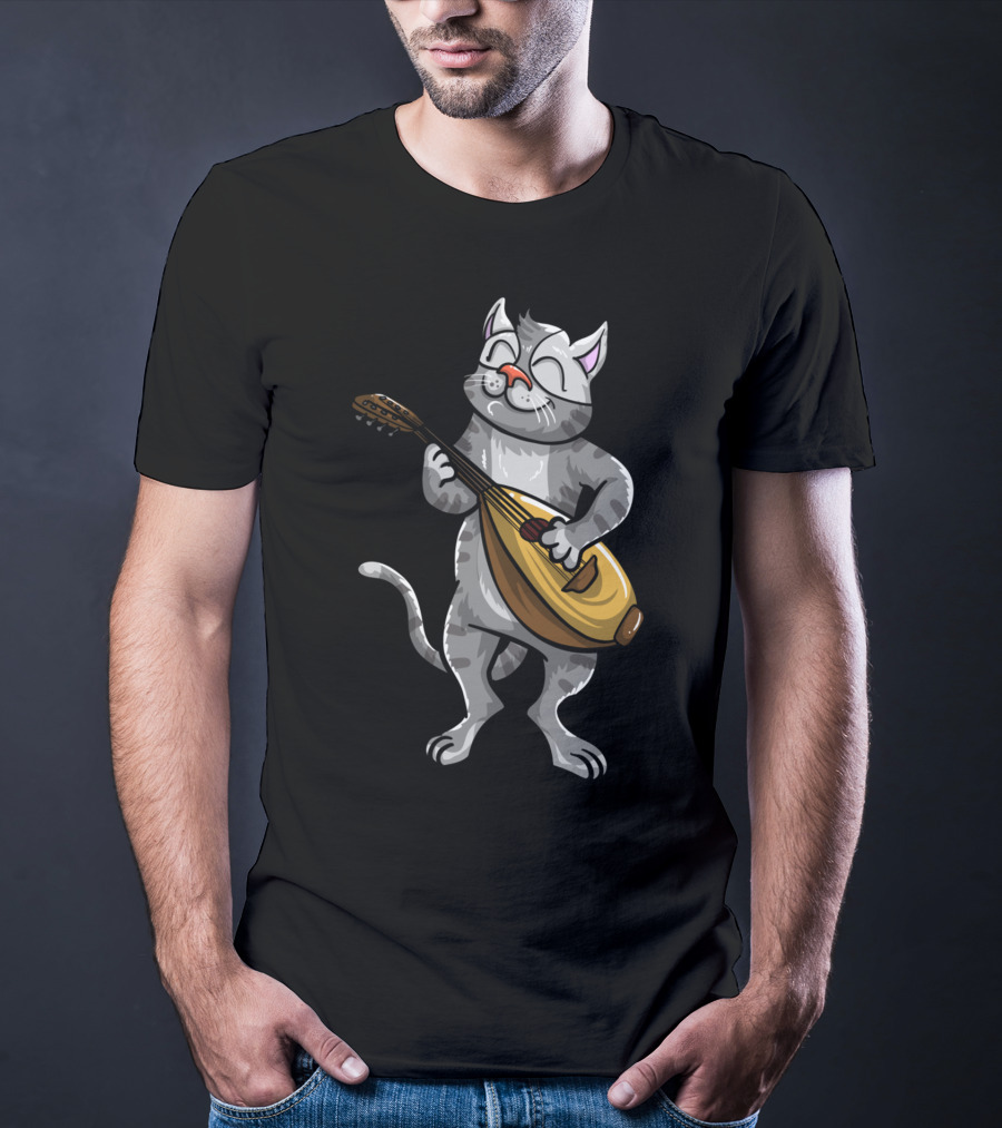 Funny Cool Cat Playing Lute Animal Musician T-Shirt