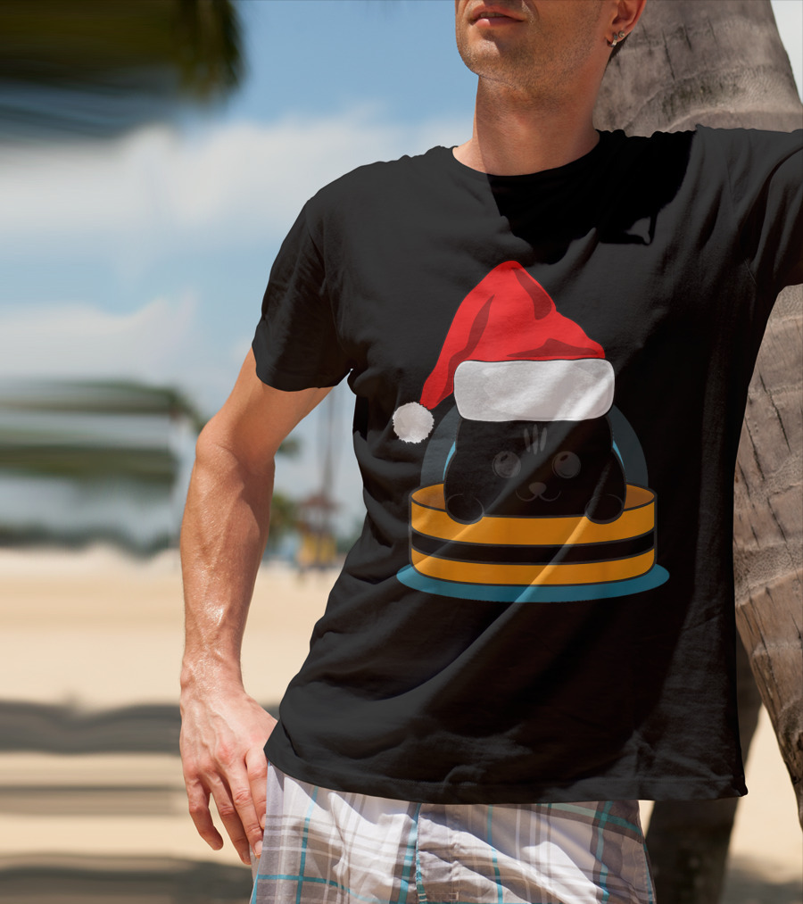 Cute Black Cat In Santa Hat Sitting Inside Orange And Black Barrel T-Shirt