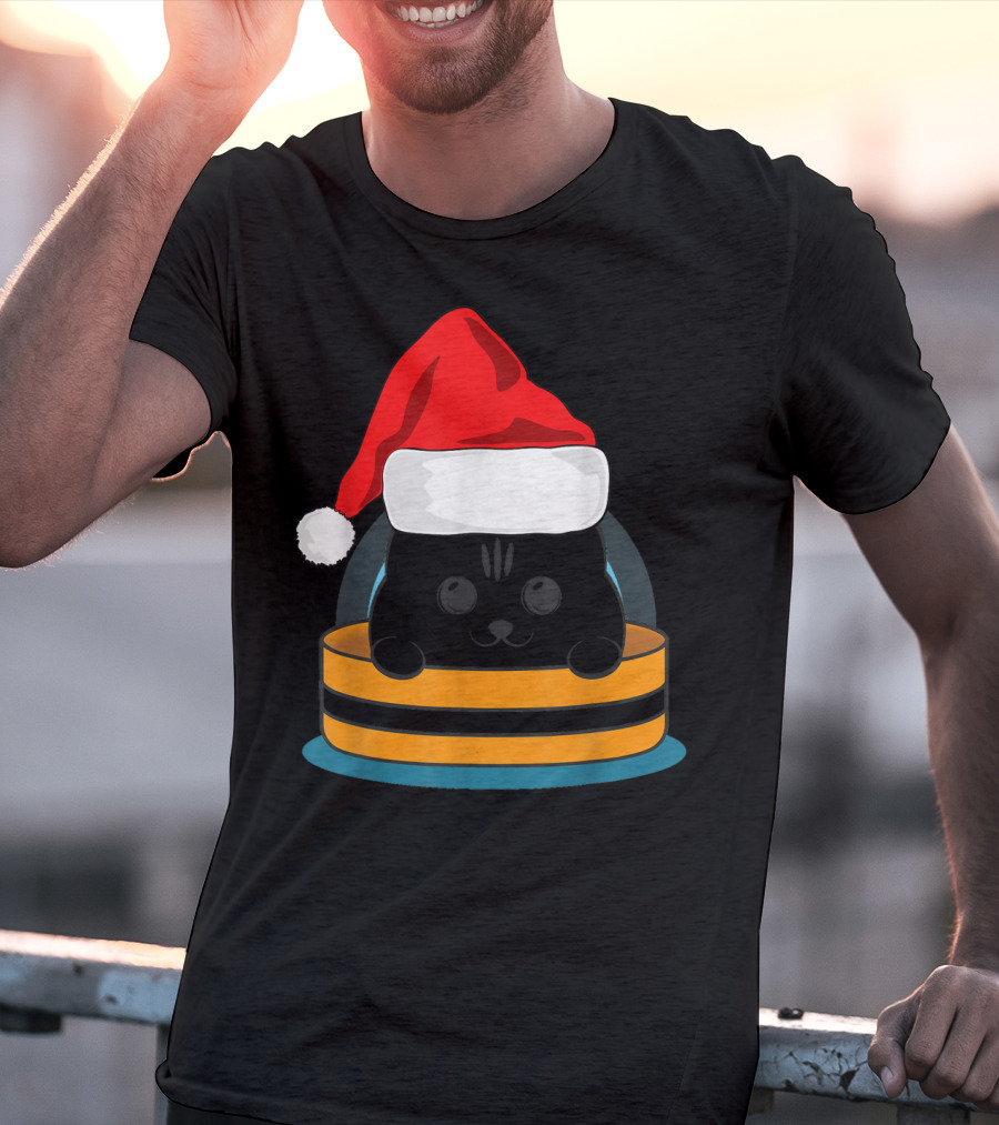Cute Black Cat In Santa Hat Sitting Inside Orange And Black Barrel T-Shirt