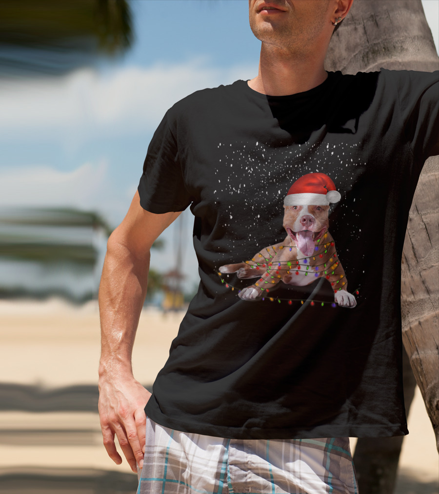 Merry Pitmas Pit Bull Christmas Dog With Santa Hat And Festive Lights T-Shirt