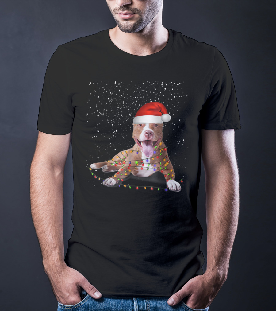Merry Pitmas Pit Bull Christmas Dog With Santa Hat And Festive Lights T-Shirt