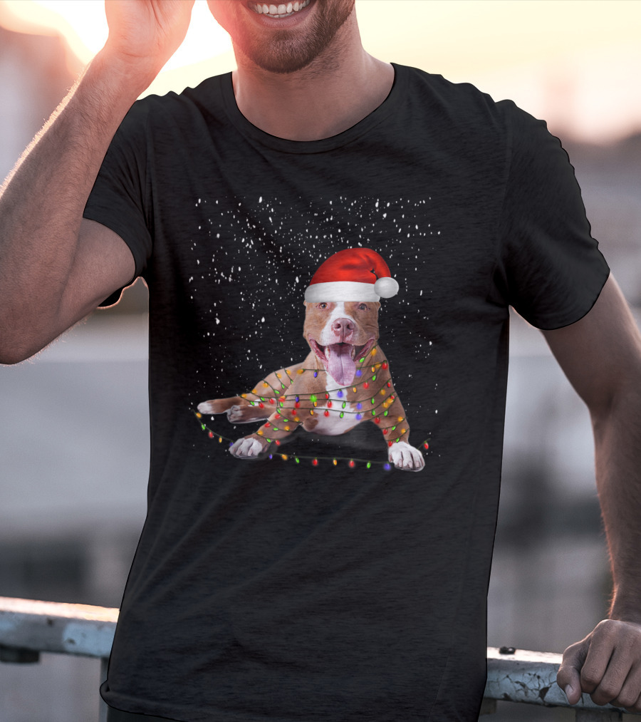 Merry Pitmas Pit Bull Christmas Dog With Santa Hat And Festive Lights T-Shirt