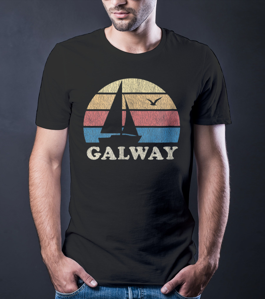 Galway Vintage Sailboat 70s Sunset With Seagull T-Shirt