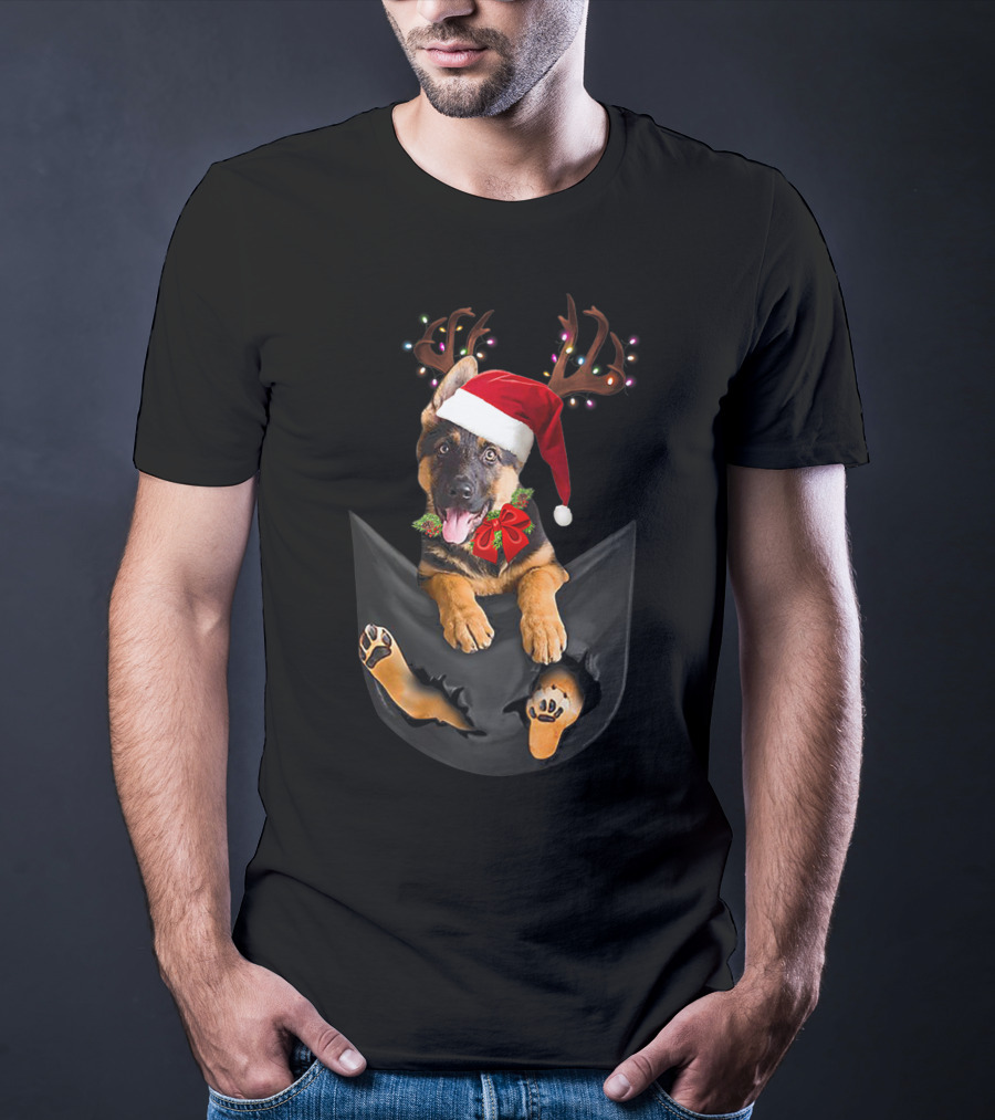 German Shepherd Christmas Dog With Santa Hat And Antlers In Your Pocket T-Shirt