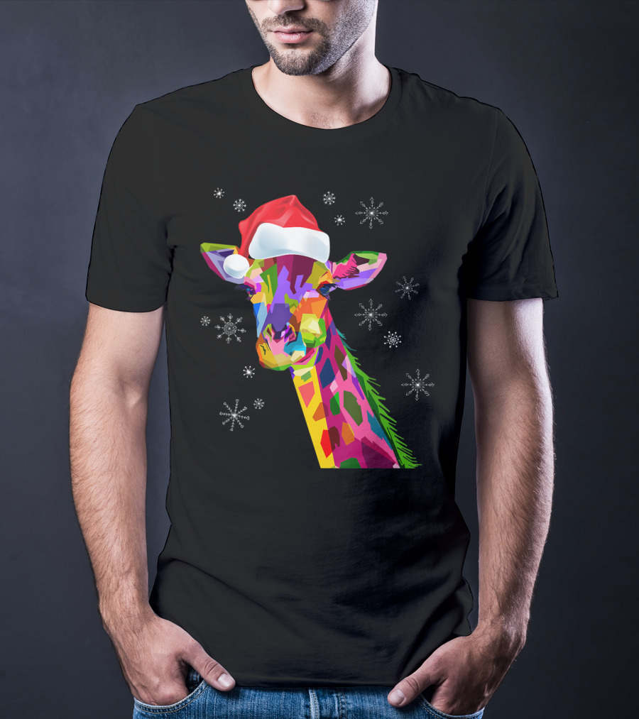 Giraffe Christmas Santa Hat Colorful Snowflakes T-Shirt