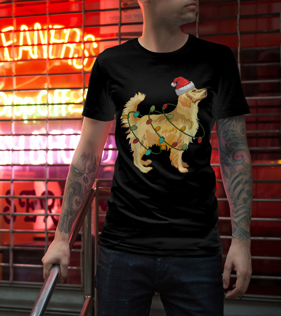 Golden Retriever With Christmas Lights And Santa Hat T-Shirt