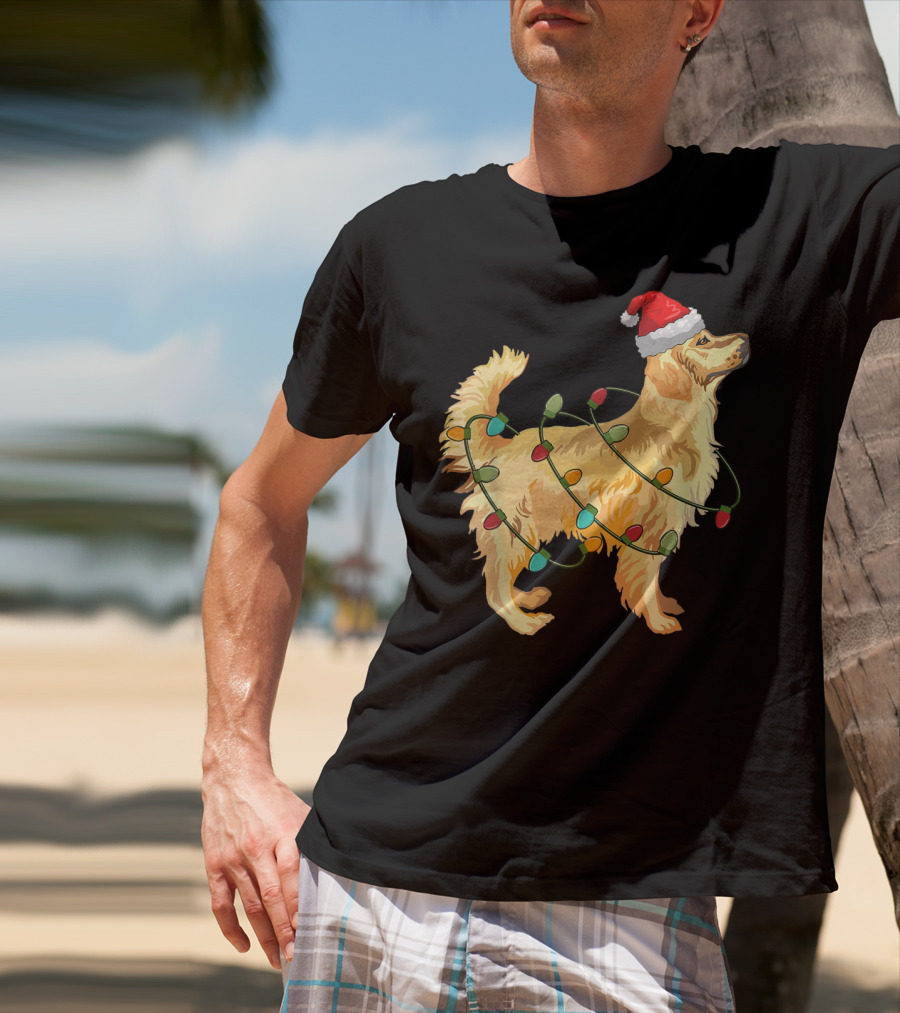 Golden Retriever With Christmas Lights And Santa Hat T-Shirt