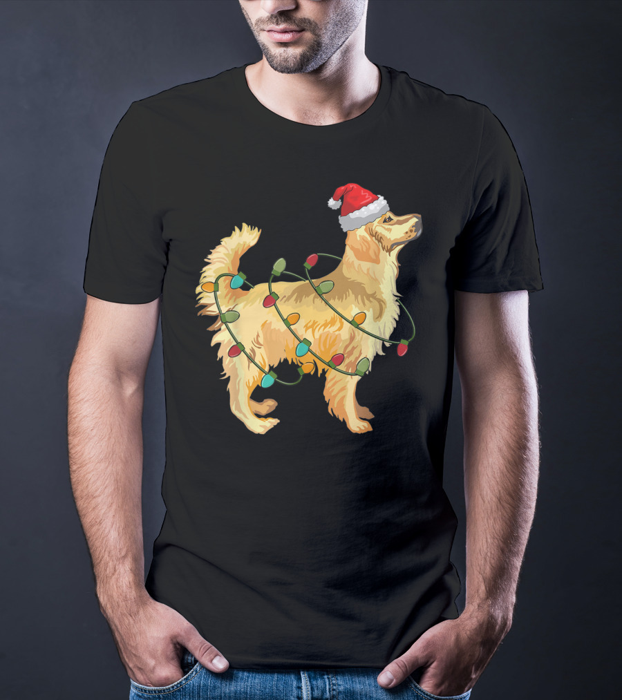 Golden Retriever With Christmas Lights And Santa Hat T-Shirt