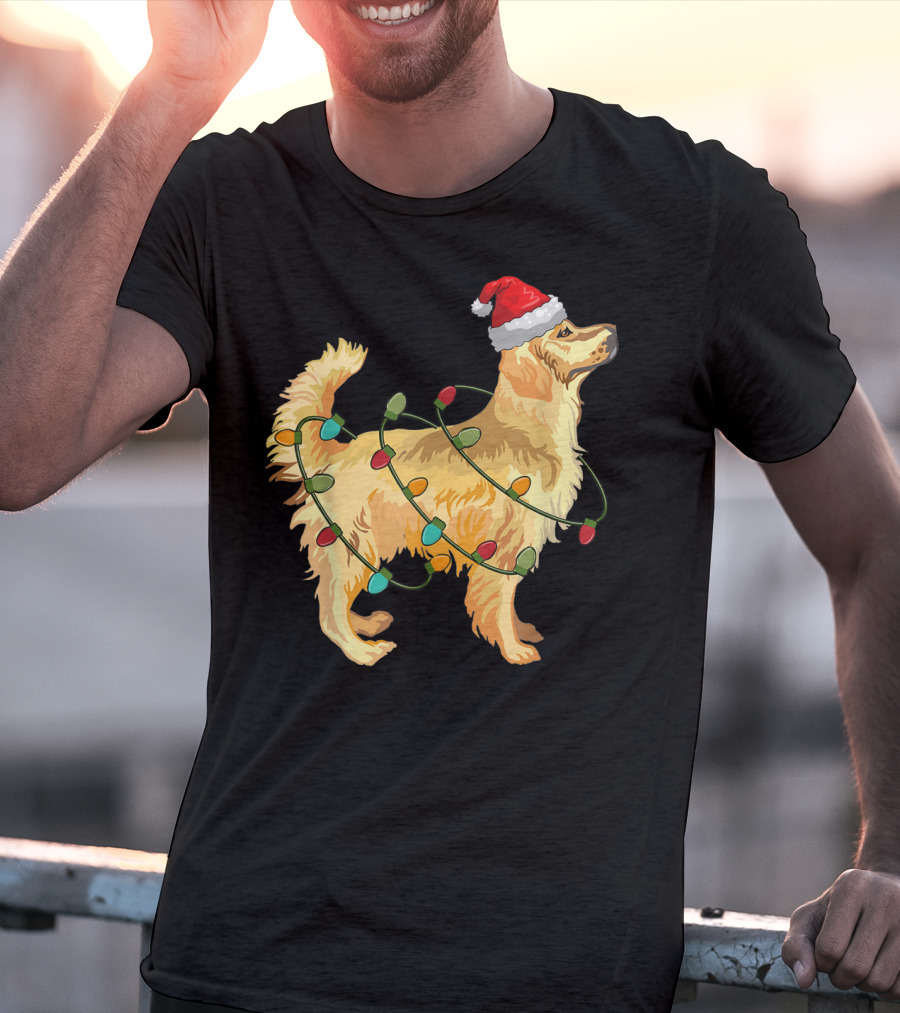 Golden Retriever With Christmas Lights And Santa Hat T-Shirt