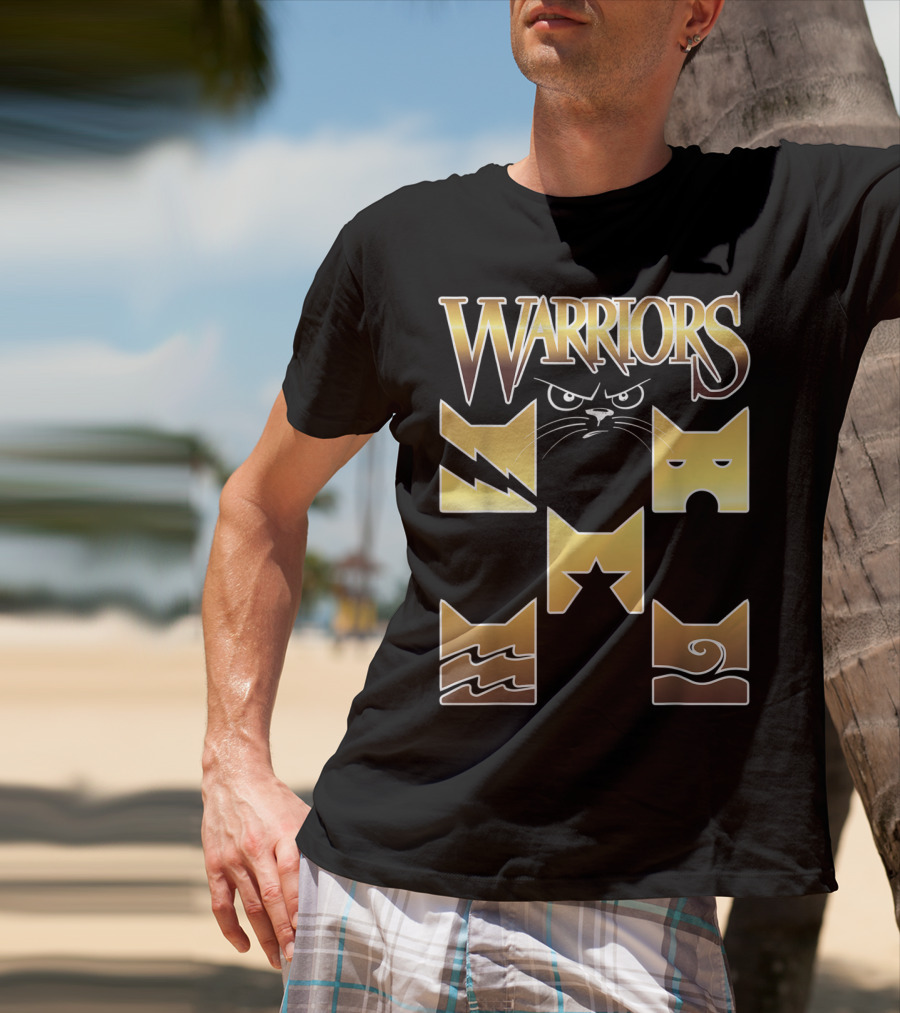 WARRIORS Golden Clan Cat Icons With Lightning, Eye, Star, Wave Symbols T-Shirt