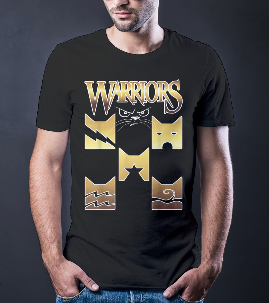 WARRIORS Golden Clan Cat Icons With Lightning, Eye, Star, Wave Symbols T-Shirt