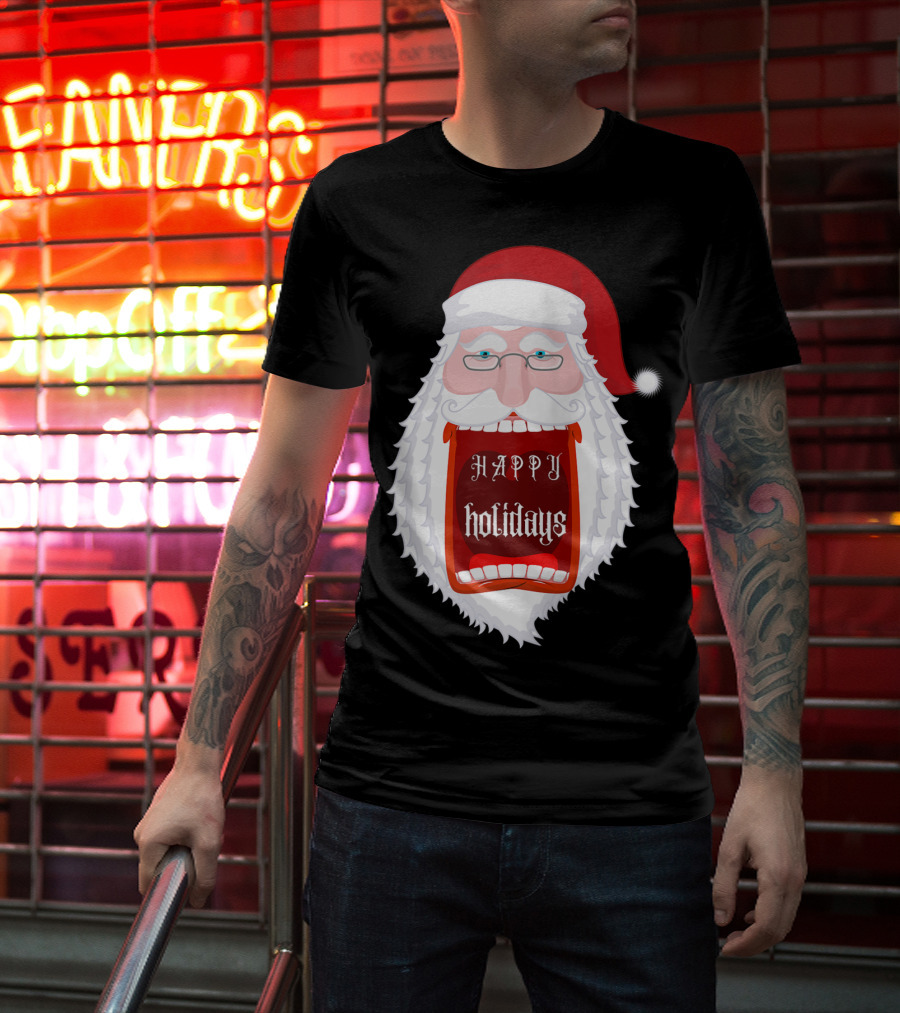 Happy Holidays Santa Zip Screaming Mouth With Glasses T-Shirt