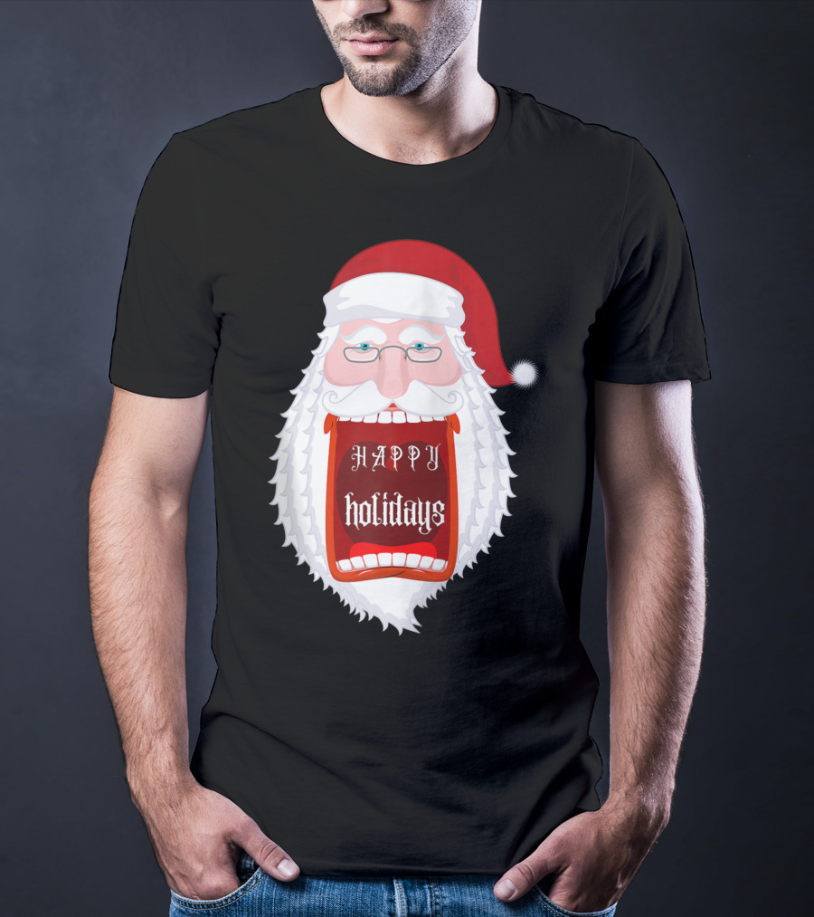 Happy Holidays Santa Zip Screaming Mouth With Glasses T-Shirt