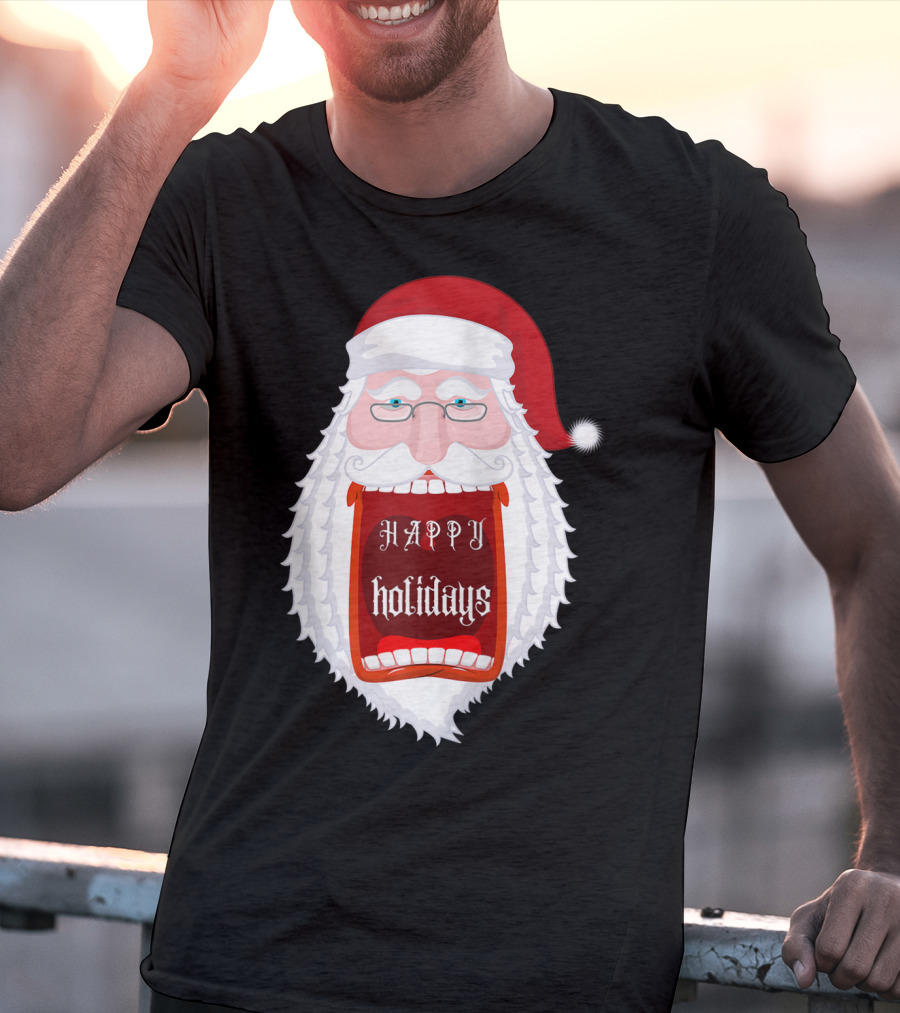 Happy Holidays Santa Zip Screaming Mouth With Glasses T-Shirt