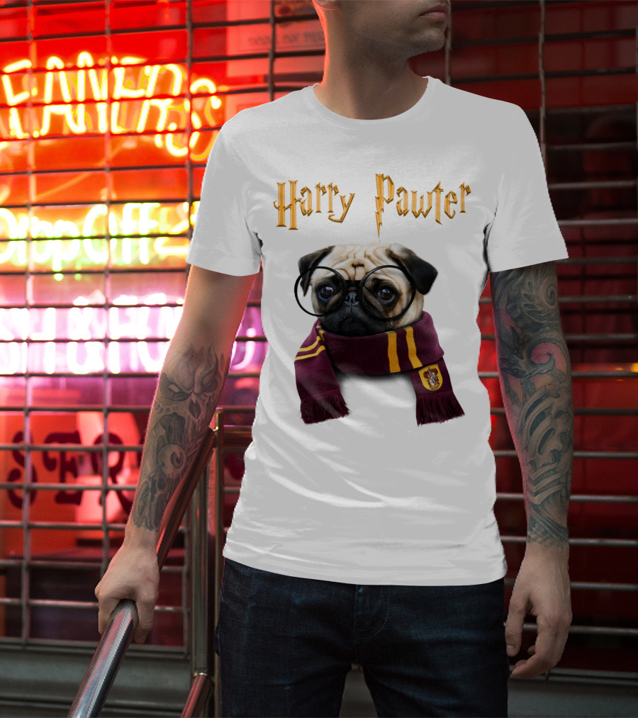 Harry Pawter Cute Puggy Dogs Potte Pups Wizard Pug With Glasses And Scarf T-Shirt