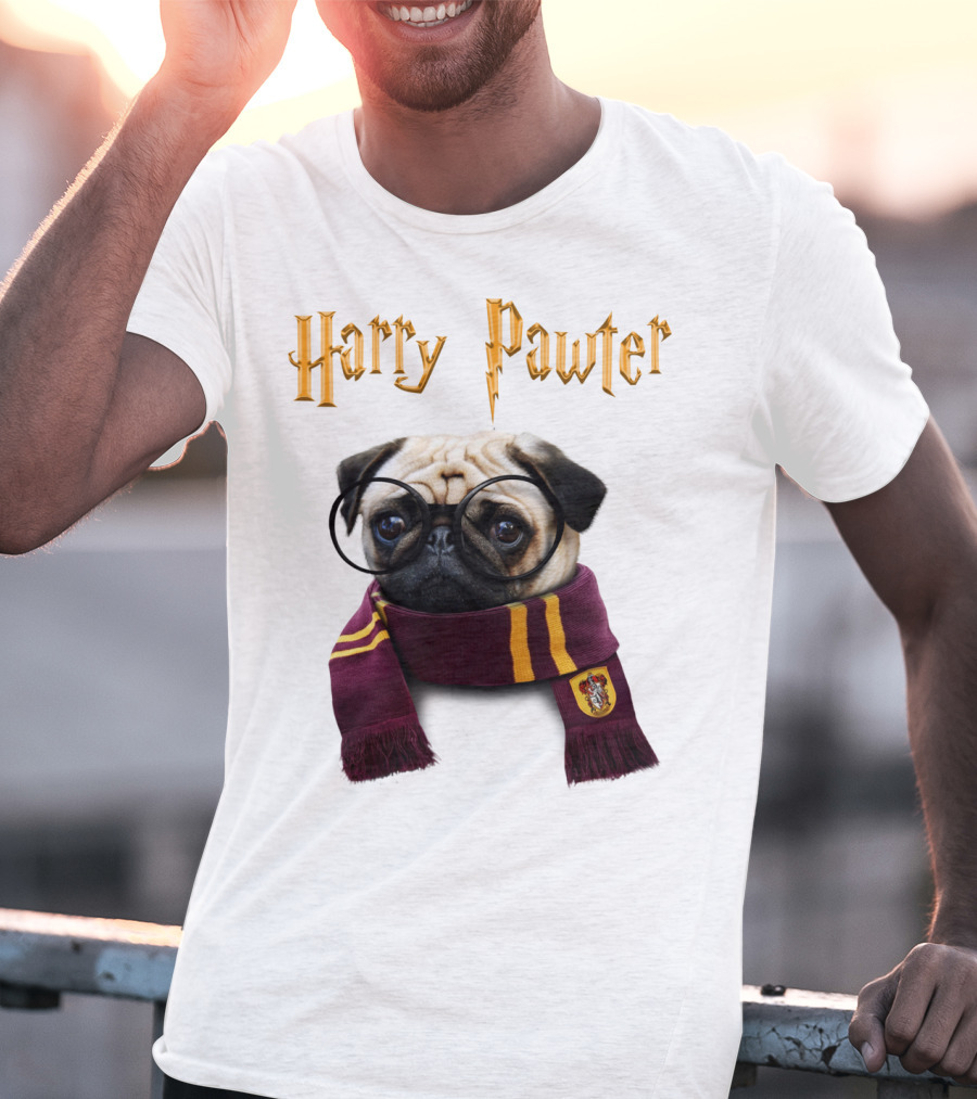 Harry Pawter Cute Puggy Dogs Potte Pups Wizard Pug With Glasses And Scarf T-Shirt