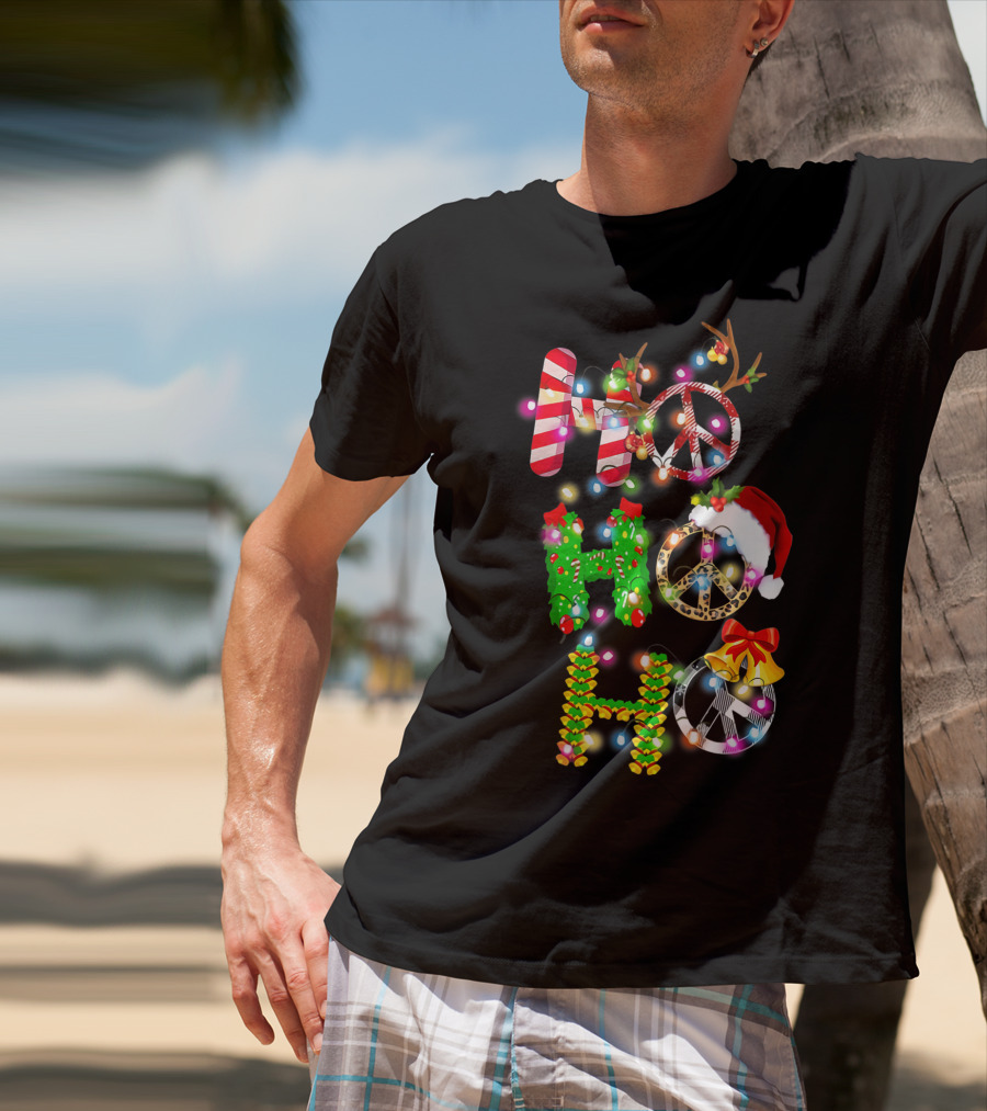 Ho Ho Ho Christmas Light Peace Sign Reindeer Santa Hat T-Shirt