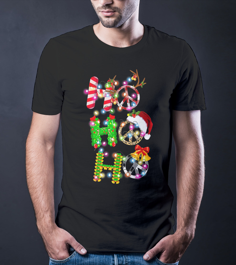 Ho Ho Ho Christmas Light Peace Sign Reindeer Santa Hat T-Shirt