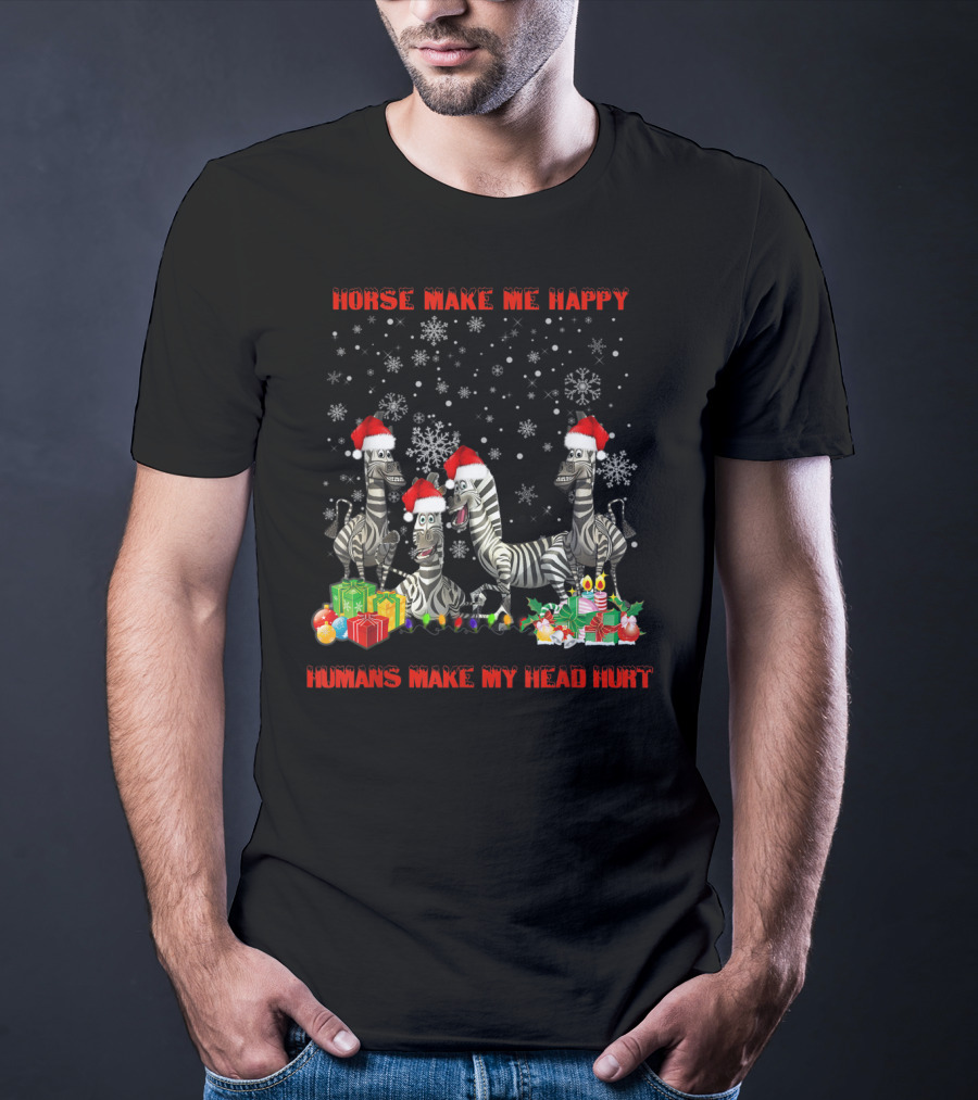 Horse Make Me Happy Humans Make My Head Hurt Christmas Zebra Snowflakes Santa Hats T-Shirt