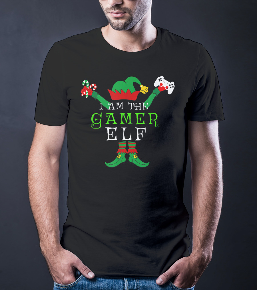 I Am The Gamer Elf With Candy Cane And Game Controller T-Shirt