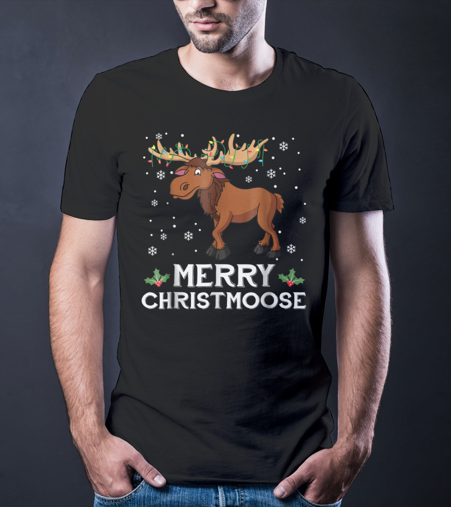 Merry Christmoose Moose With Christmas Lights And Snowflakes T-Shirt