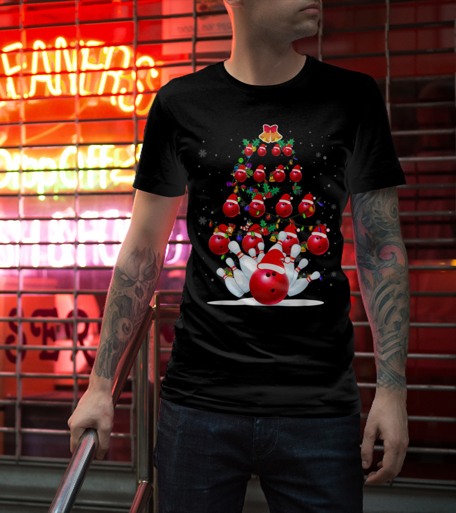 Bowling Balls Santa Hats Christmas Tree Holiday Lights Snowflakes T-Shirt
