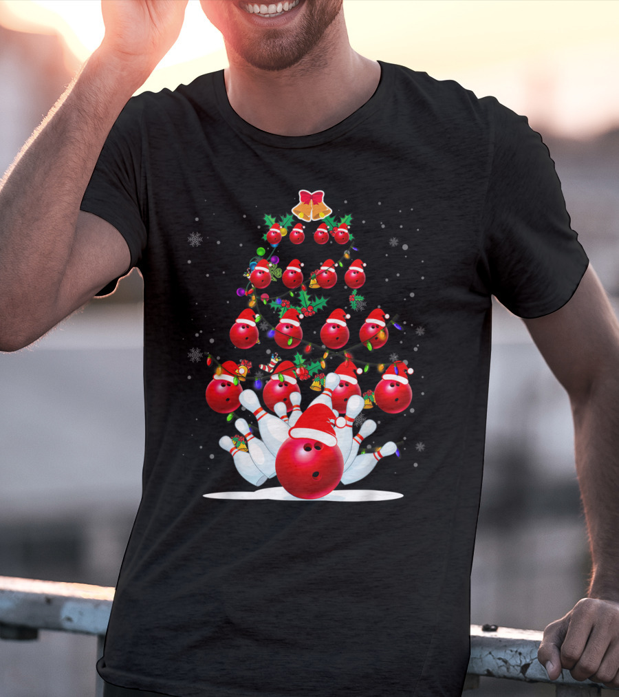 Bowling Balls Santa Hats Christmas Tree Holiday Lights Snowflakes T-Shirt
