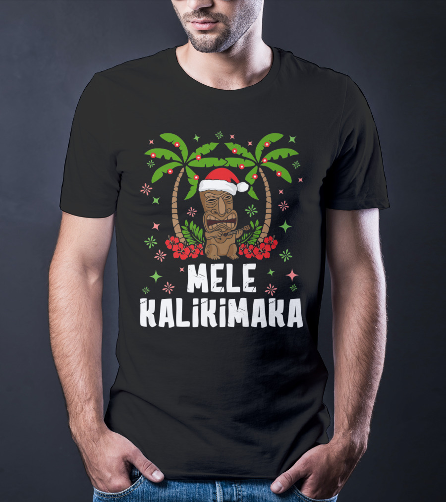Mele Kalikimaka Santa Tiki Hawaiian Christmas Palms T-Shirt