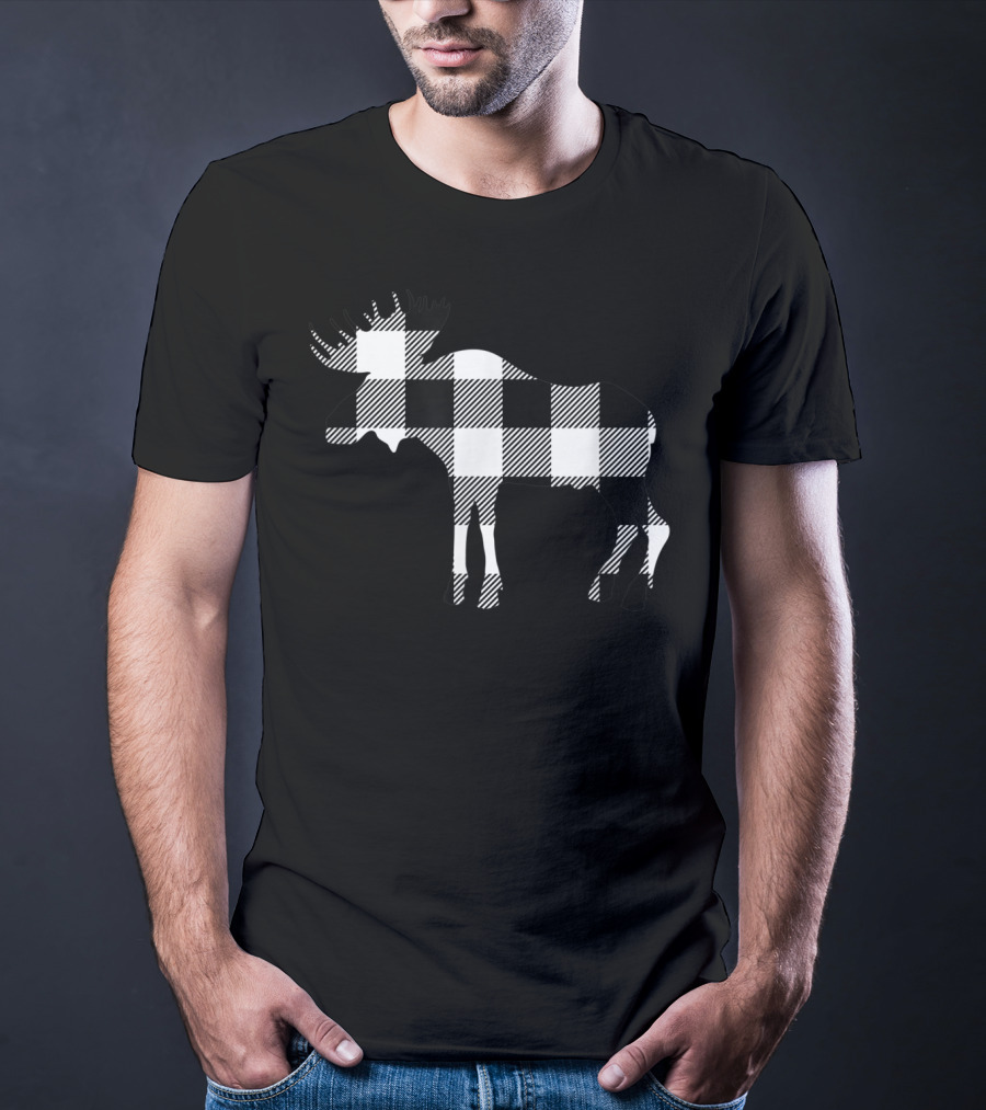 Classic White Black Buffalo Plaid Moose Christmas T-Shirt