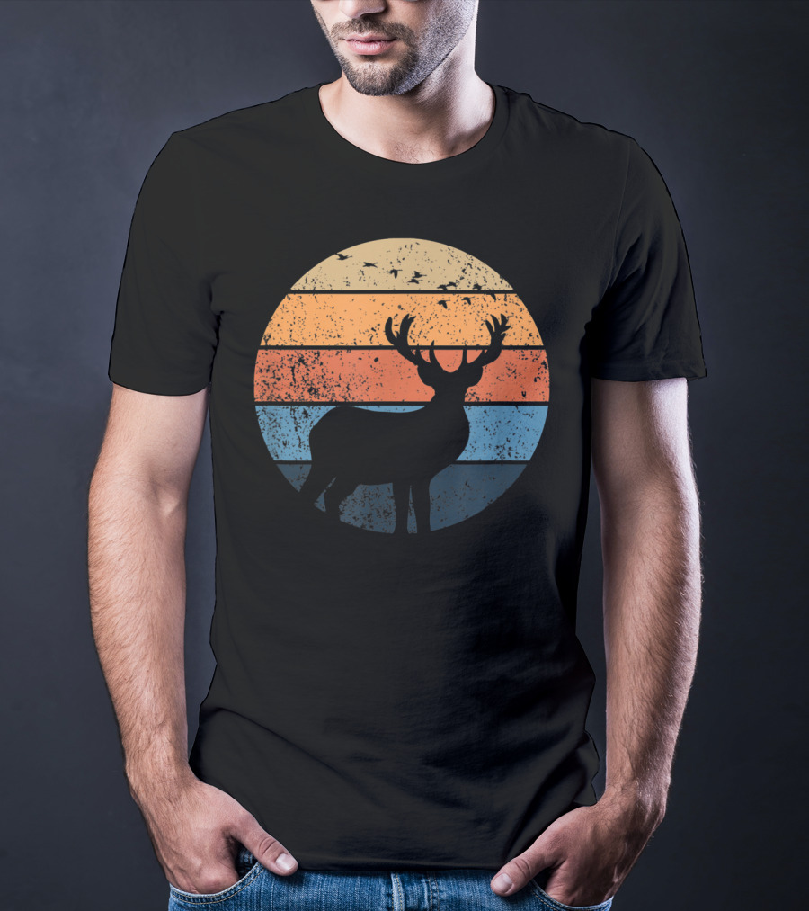 Deer Hunters Vintage Sunset Silhouette With Flying Birds T-Shirt