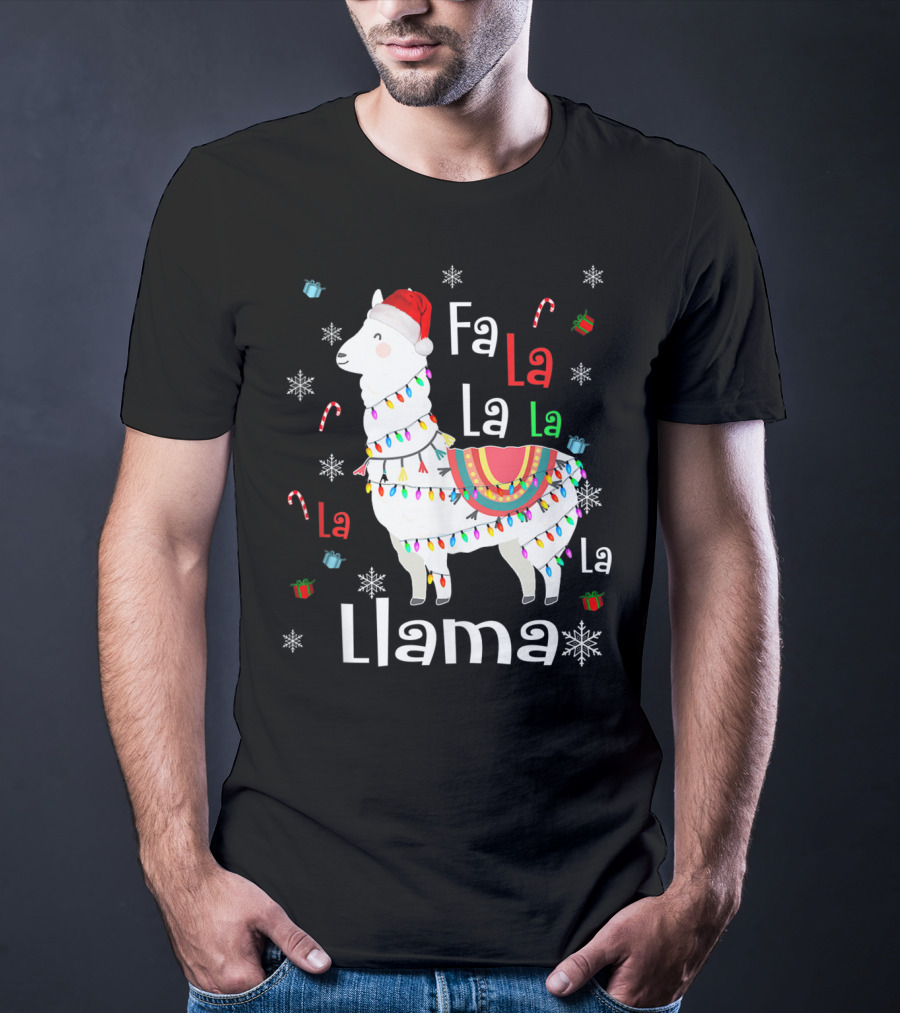 Fa La La Llama Llama Christmas Lights And Santa Hat With Candy Canes Snowflakes And Presents T-Shirt
