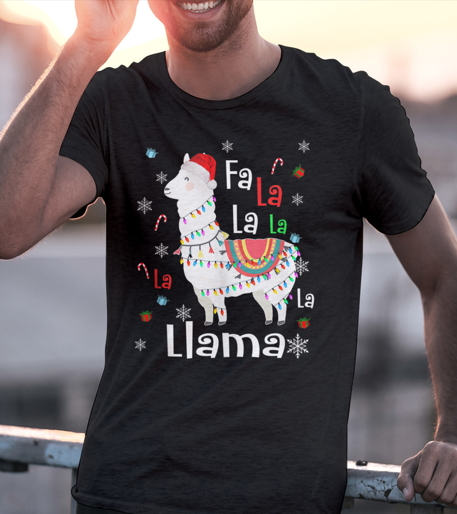 Fa La La Llama Llama Christmas Lights And Santa Hat With Candy Canes Snowflakes And Presents T-Shirt