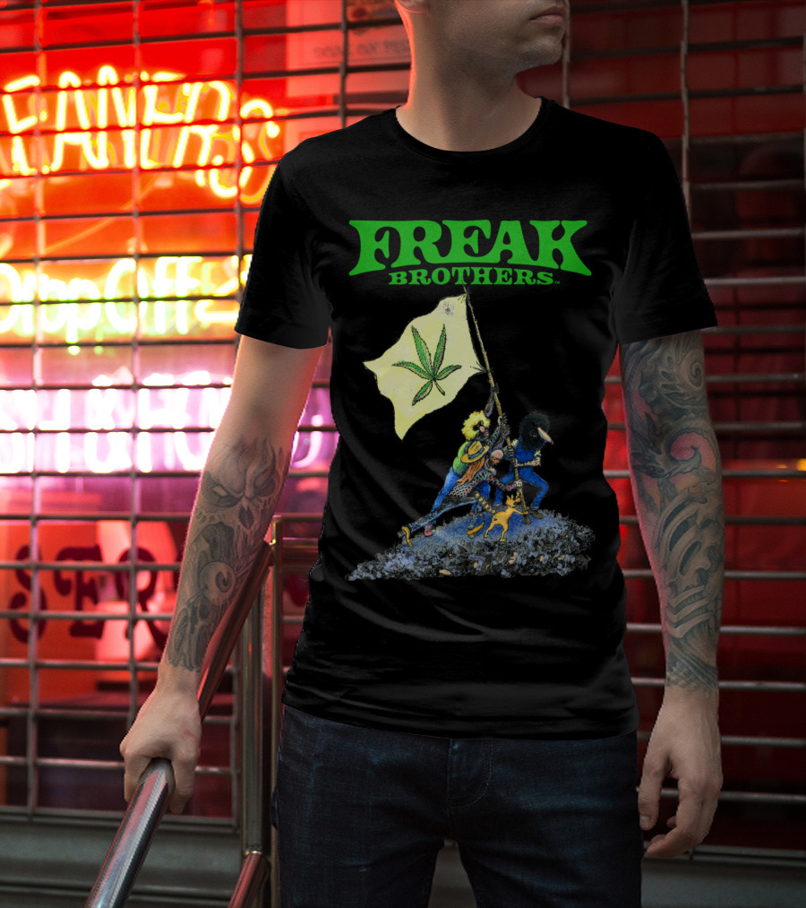 Freak Brothers Raise The Flag Cannabis Leaf Iconic Comic T-Shirt