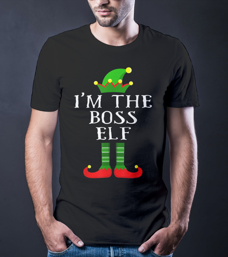 I'm The Boss Elf Christmas Humor Green Hat Striped Socks Red Shoes T-Shirt