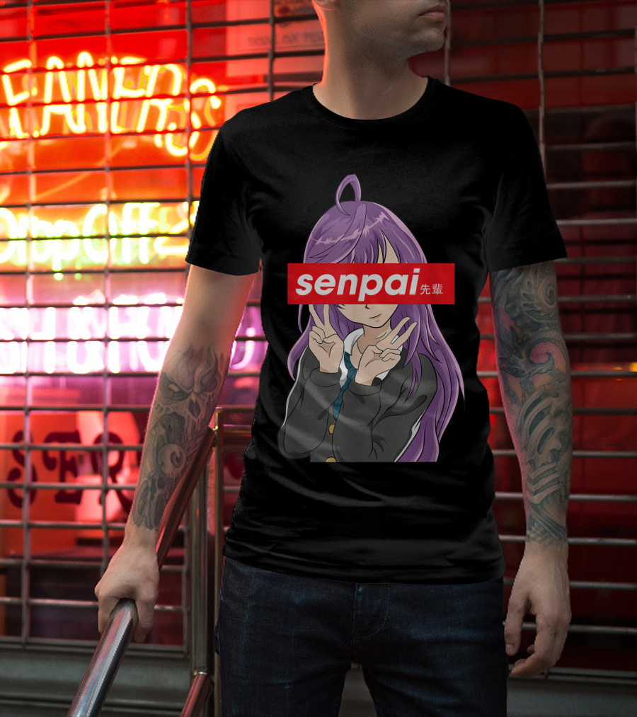 Japanese Anime Girl Senpai Purple Hair Peace Sign T-Shirt