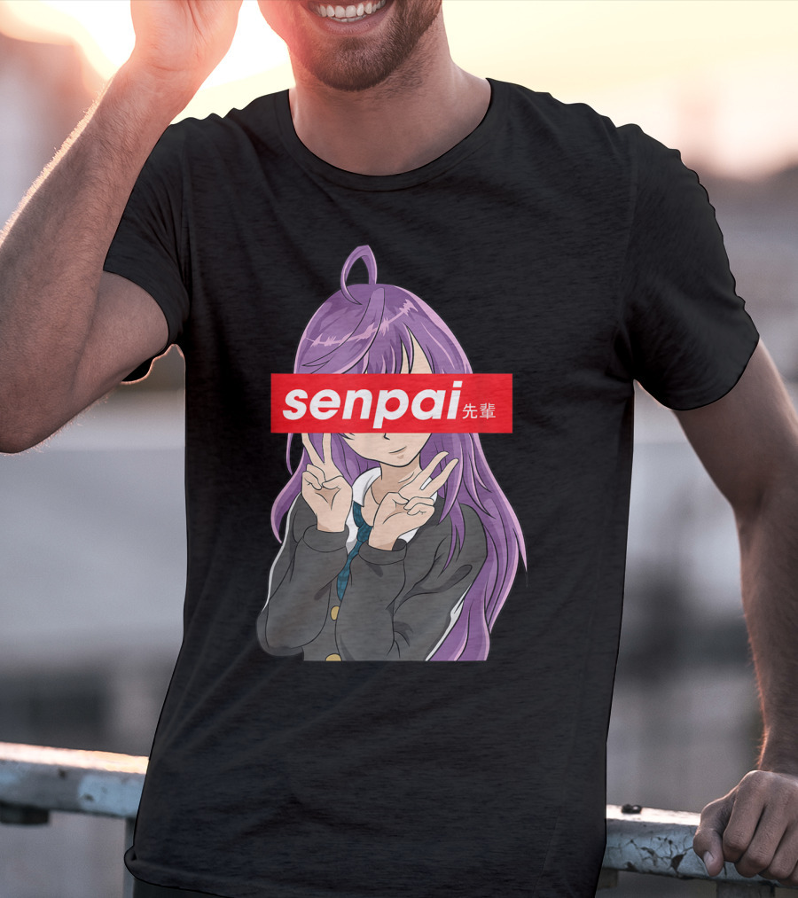 Japanese Anime Girl Senpai Purple Hair Peace Sign T-Shirt