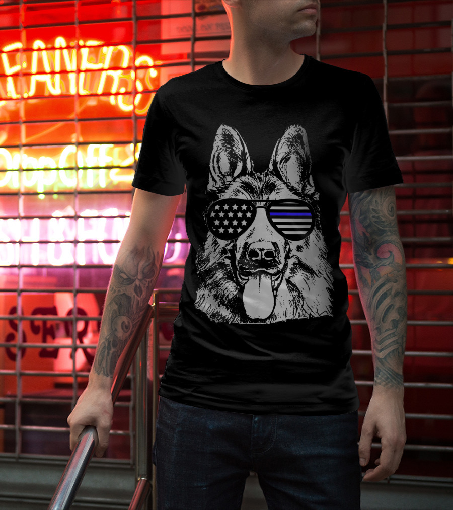 K9 Police Officer Dog Thin Blue Line Stars And Stripes Sunglasses T-Shirt