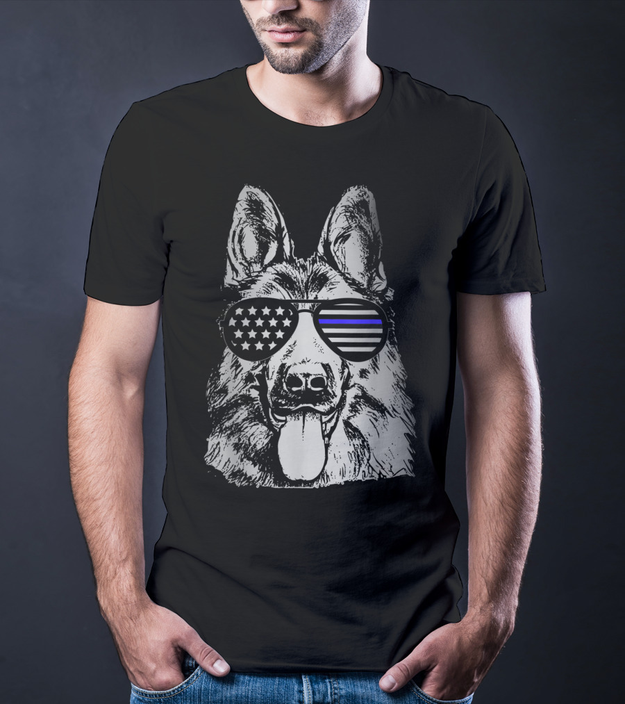 K9 Police Officer Dog Thin Blue Line Stars And Stripes Sunglasses T-Shirt