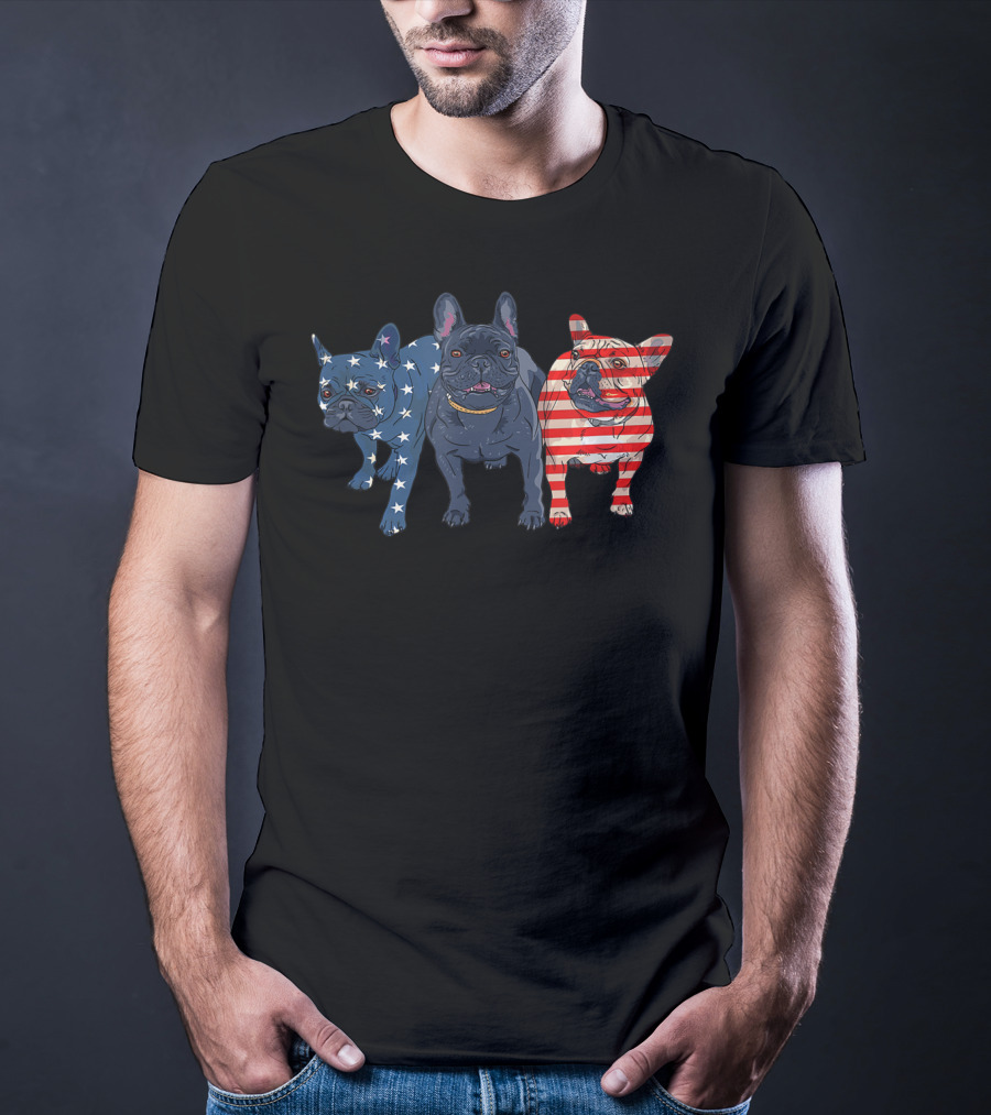 3 Frenchie Bulldog American Flag Stars Stripes July Patriot T-Shirt