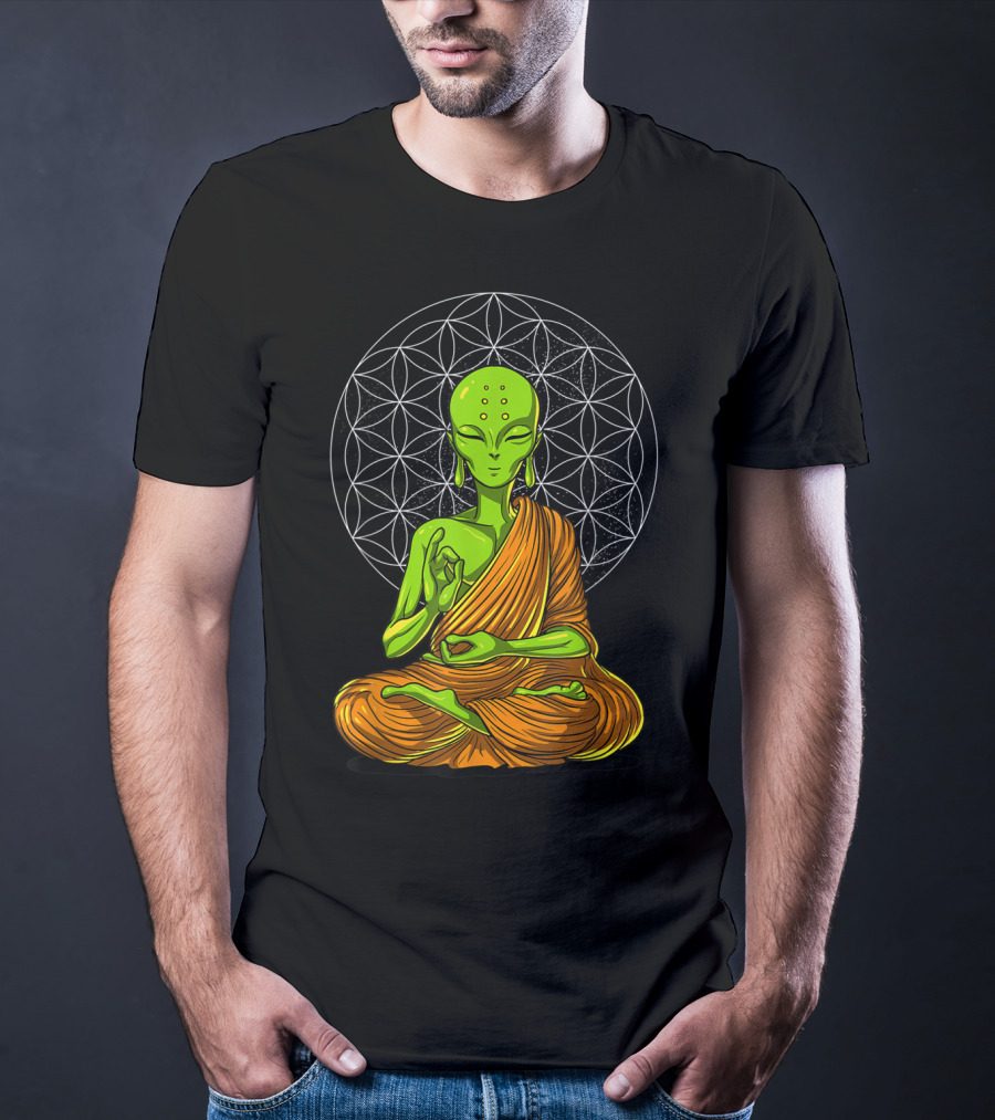 Alien Yoga Meditation Zen Namaste Buddha With Mandala Background T-Shirt