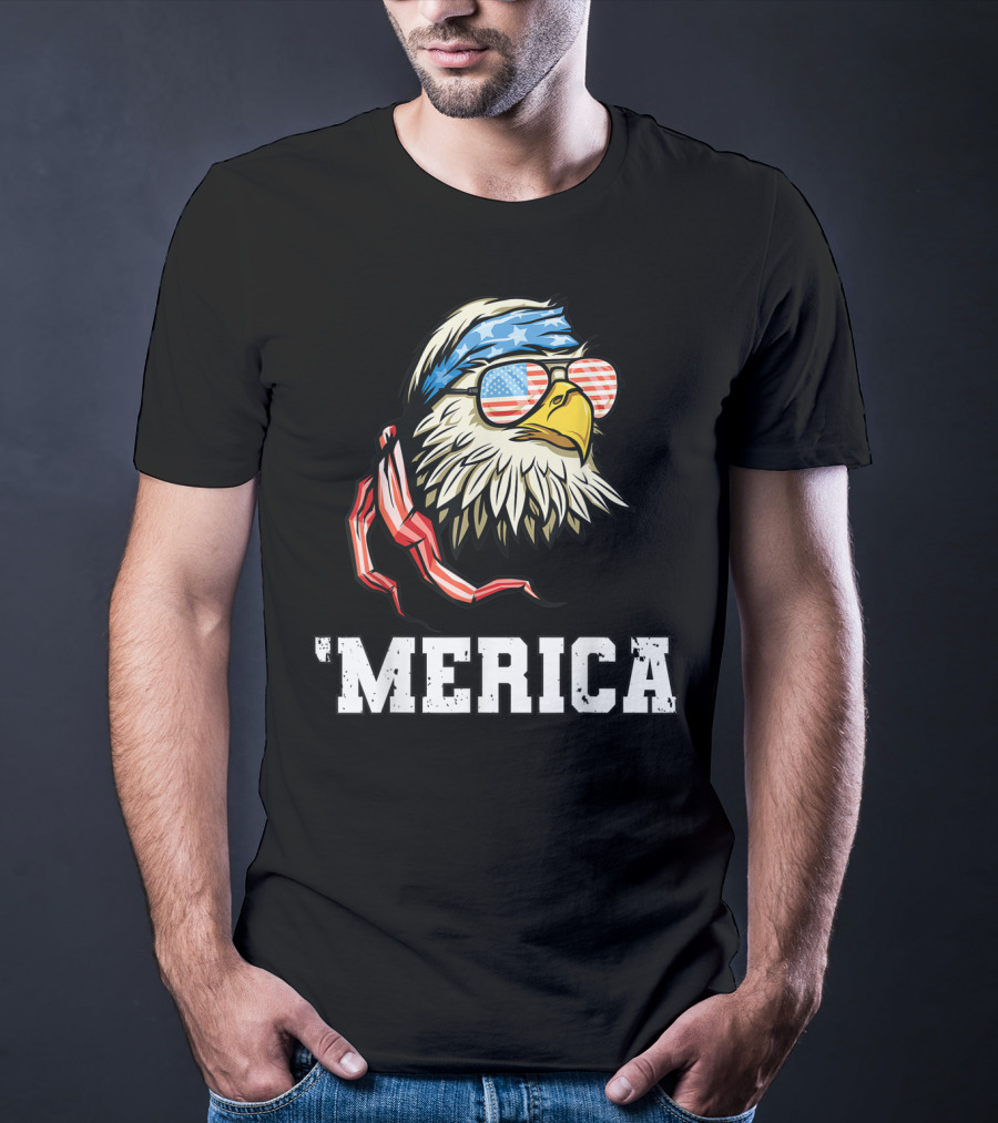 'Merica Bald Eagle USA Flag Bandana And Sunglasses T-Shirt