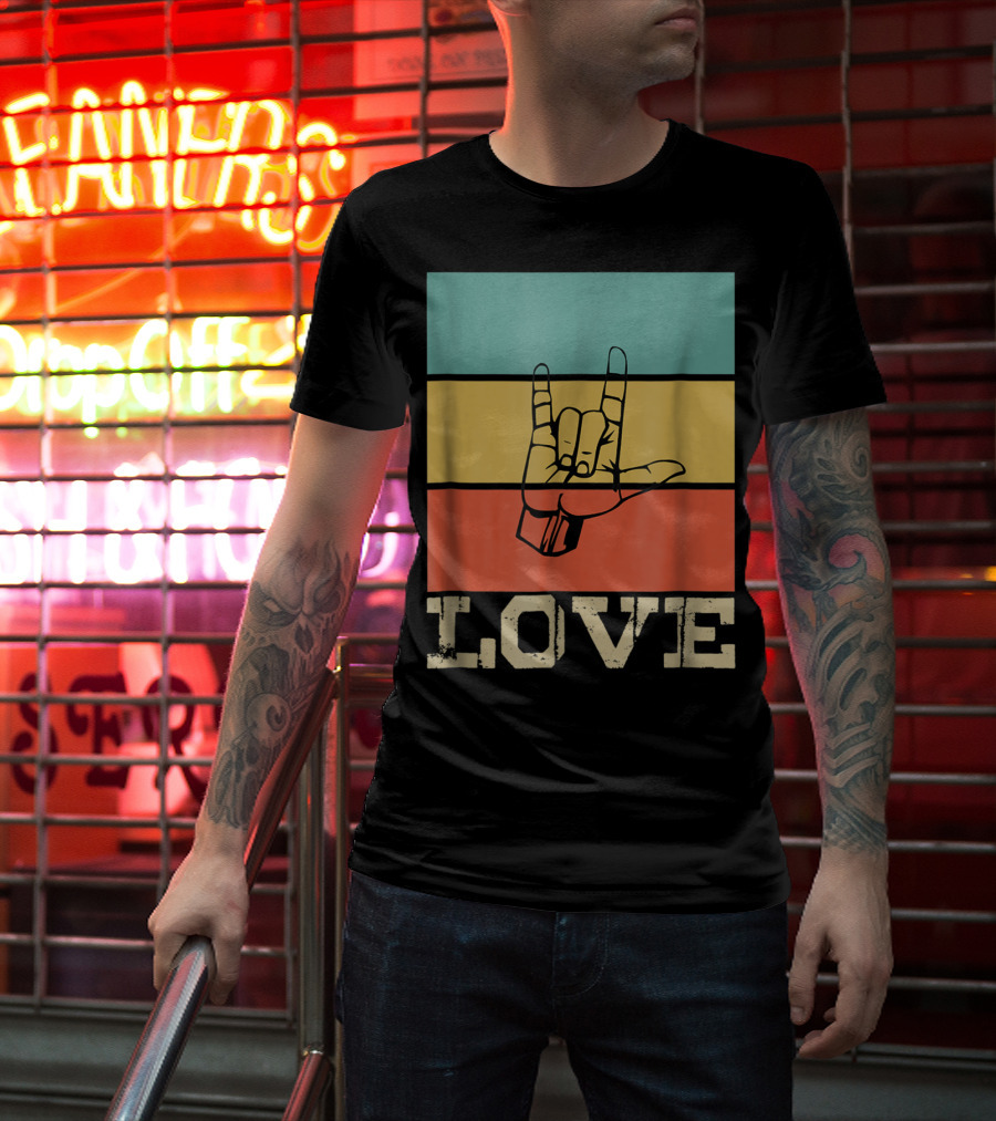 ASL Love Vintage Hand Sign Retro Color Blocks T-Shirt