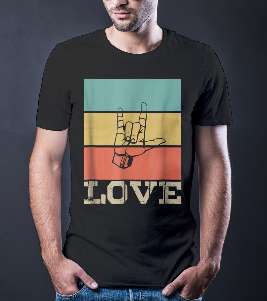 ASL Love Vintage Hand Sign Retro Color Blocks T-Shirt